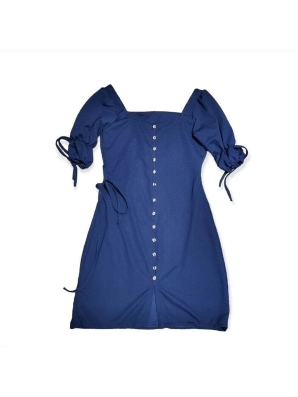 Square Neckline Dress Navy Blue Gold button Accent Tie-detailed Puff Sleeves